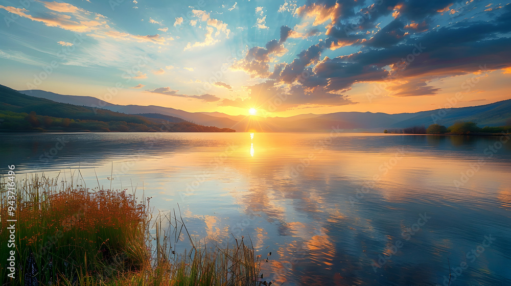 Sunset over the lake. Amazing panorama landscape Sunset over the lake. Amazing panorama landscape
