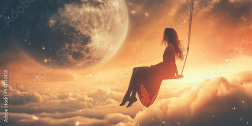 "Woman on a Swing Surrounded by a Cosmic Explosion, Blending Surreal Fantasy with the Vastness of Space, Evoking a Dreamlike State of Wonder and Imagination as She Soars Among the Stars