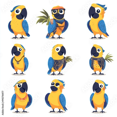 Wallpaper Mural A grid of colorful cartoon parrots with various accessories and styles. Torontodigital.ca