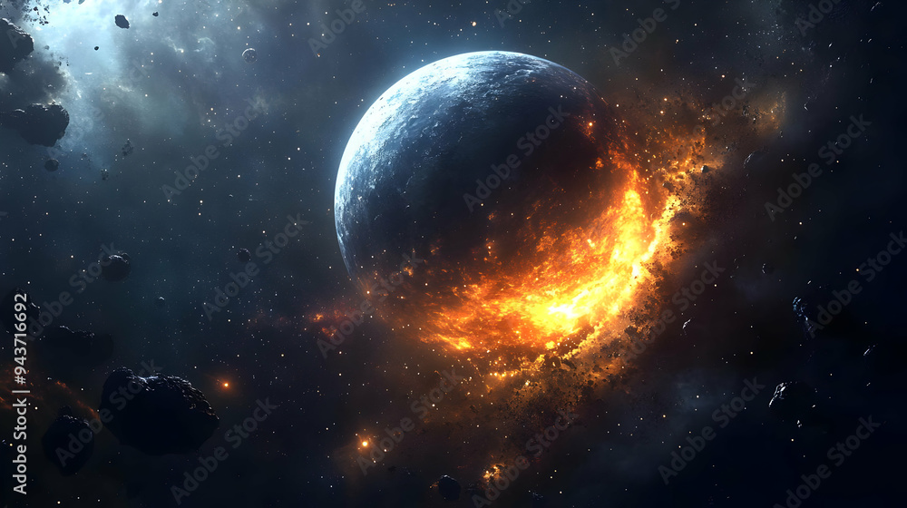 Fototapeta premium A planet is consumed by flames as it collides with a large celestial body.