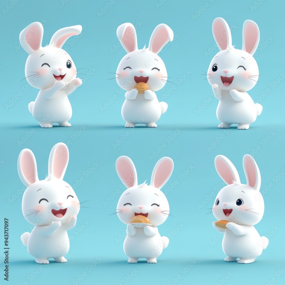 Fototapeta premium Cute animated rabbits expressing joy and enjoying snacks in a playful setting.