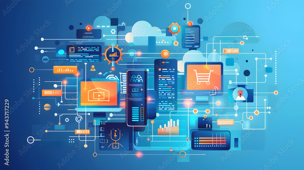 Technology workflow concept on blue background Technology workflow concept on blue background