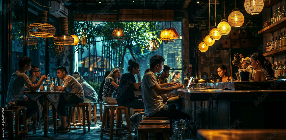 A diverse group of people is gathered together, sitting comfortably at various tables within a lively restaurant atmosphere A diverse group of people is gathered together, sitting comfortably at various tables within a lively restaurant atmosphere