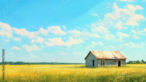 A rustic wooden house stands alone in a vast golden field under a bright blue sky filled with fluffy white clouds during the sunny afternoon