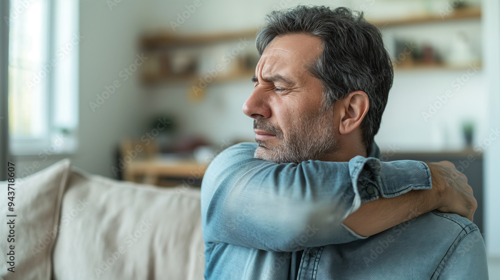 Fototapeta premium A middle-aged man suffering from neck or shoulder pain on a light blue background. 