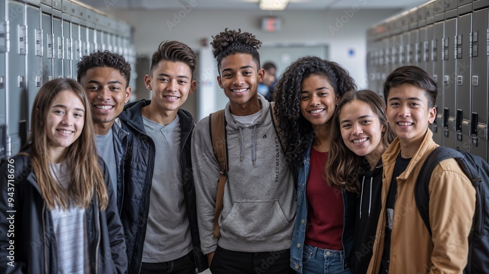 Obraz premium A diverse group of high school students standing in front of lockers. Multicultural, diverse children, open education, international school. 