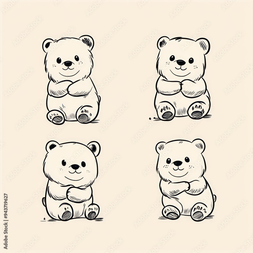 Fototapeta premium Four cute cartoon bear illustrations in different poses.