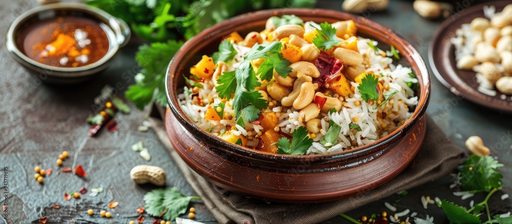 Indian comfort food Fresh Masala Peanuts Rice also referred to as Peanuts Pulav or Rice Khichdi Topped with coriander and served hot alongside green chutney and mango pickle Includes copyspace Indian comfort food Fresh Masala Peanuts Rice also referred to as Peanuts Pulav or Rice Khichdi Topped with coriander and served hot alongside green chutney and mango pickle Includes copyspace