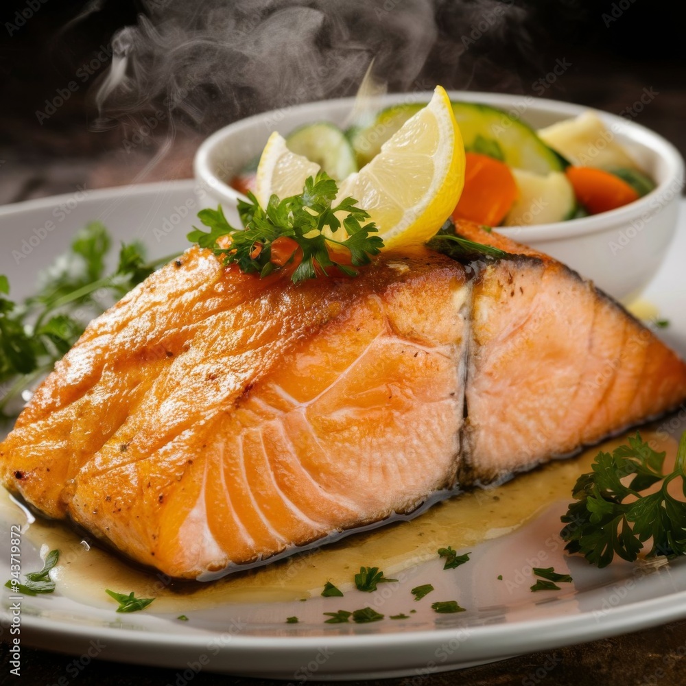 Grilled salmon steak on the plate with lemon Grilled salmon steak on the plate with lemon