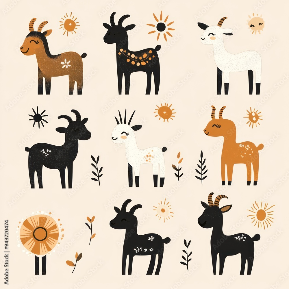 A playful illustration of goats in various colors with floral elements and sun motifs. A playful illustration of goats in various colors with floral elements and sun motifs.