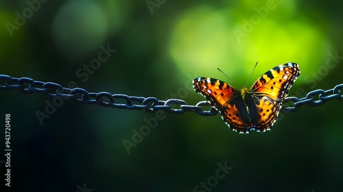 Butterfly perched on a chain representing the concept of freedom and The image has a clean minimalist design with copy space allowing for creative placement of text or design elements