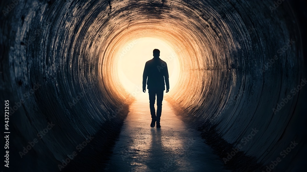 Fototapeta premium A solitary figure walking through a dark mysterious tunnel with a luminous light shining at the end representing a metaphor for hope personal growth and the journey toward a brighter future