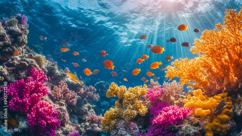 Fototapeta Naklejka Na Ścianę i Meble -   a vibrant coral reef teeming with colorful corals and tropical fish. Sunlight filters through the clear water, illuminating the scene with a spectrum of bright colors.