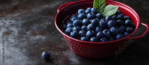 Freshly harvested blueberries in a red metal colander. with copy space image. Place for adding text or design photo