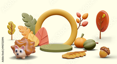 Funny autumn landscape in 3D plasticine style. Empty scene in park, forest