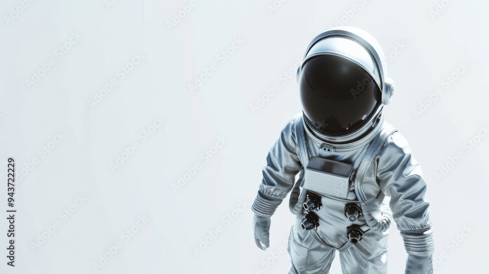 A baby astronaut wearing a shiny, futuristic mobility suit stands against a clean, white background. A baby astronaut wearing a shiny, futuristic mobility suit stands against a clean, white background.