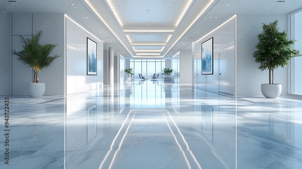 Elegant 3D office design with a large hall, reflective flooring, and a bright, modern aesthetic, suitable for corporate or airport scenes. Elegant 3D office design with a large hall, reflective flooring, and a bright, modern aesthetic, suitable for corporate or airport scenes.