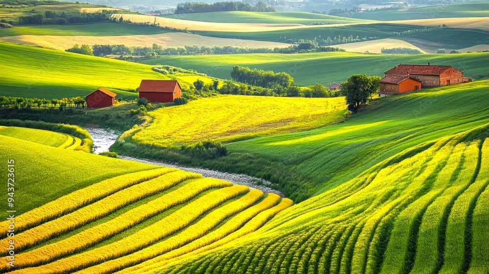 Fototapeta premium A serene landscape showcasing lush green hills and golden fields under a bright sky. Red barns complement the scenery. This image captures the beauty of rural life. AI