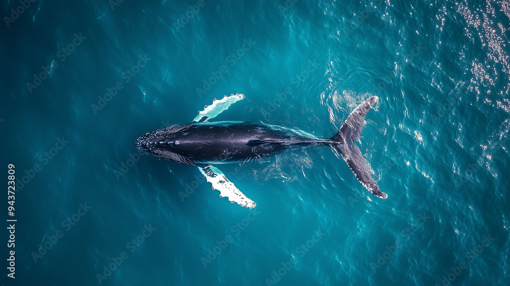 Fototapeta premium Aerial View of Humpback Whale Swimming in Blue Ocean