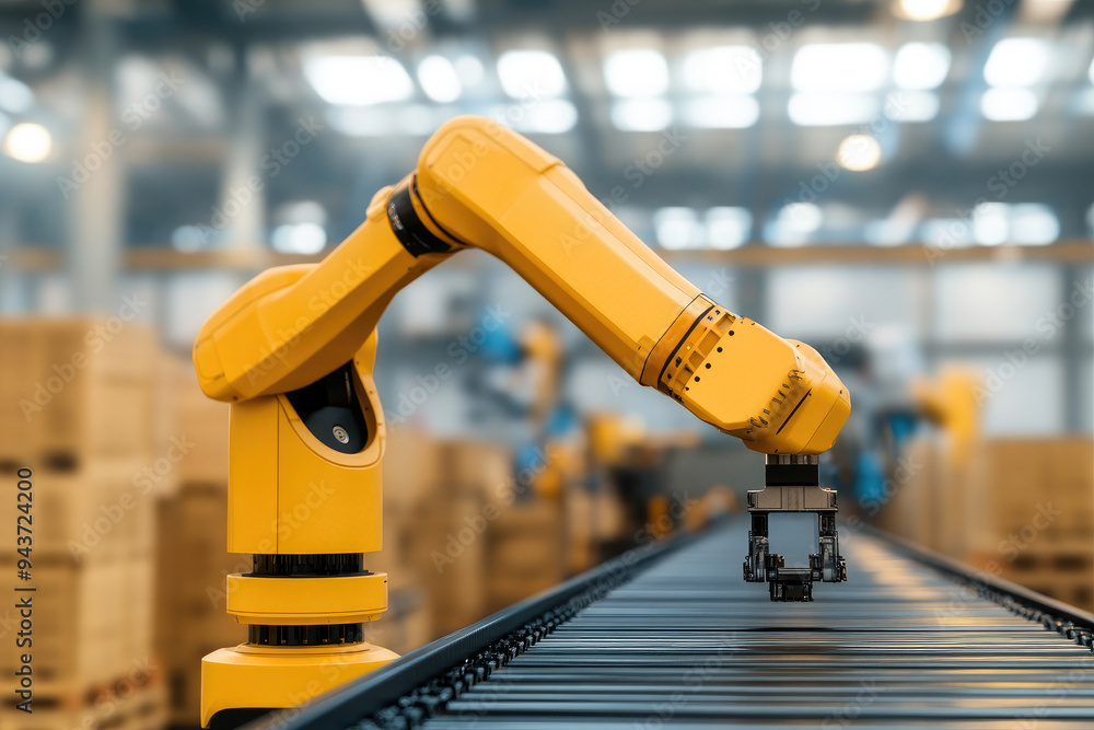 Automated Assembly Line, a bright yellow robotic arm skillfully handles components on a conveyor belt in a bustling warehouse filled with stacked boxes. Automated Assembly Line, a bright yellow robotic arm skillfully handles components on a conveyor belt in a bustling warehouse filled with stacked boxes.