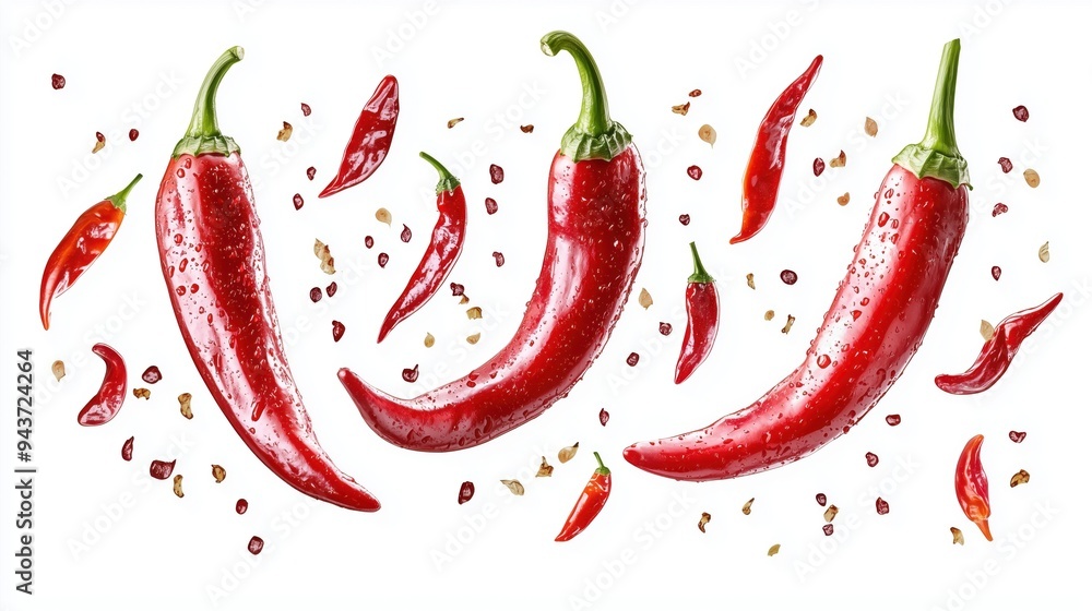 Sliced red hot chilies with chili flakes on a white background Sliced red hot chilies with chili flakes on a white background