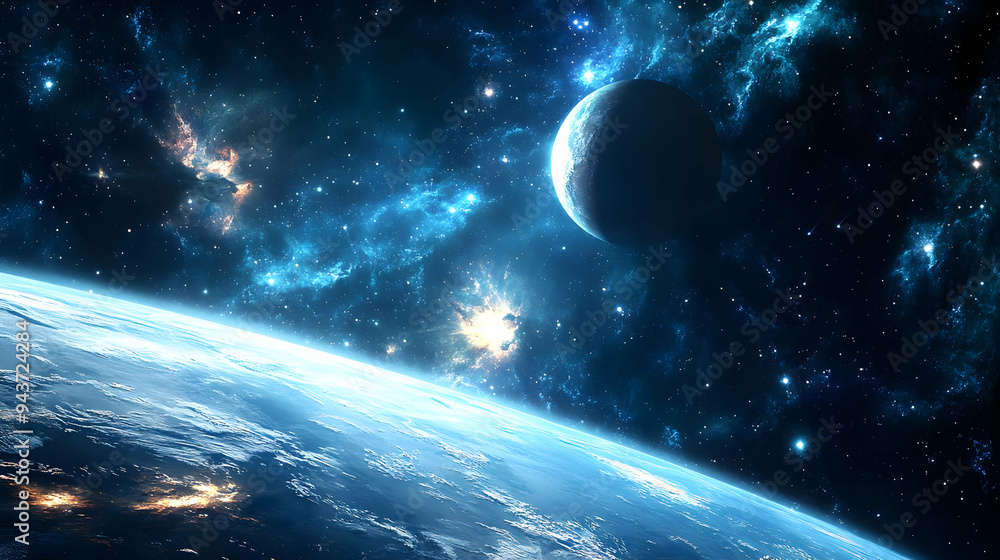 Obraz premium A planet's surface viewed from space with a celestial body and a nebula.