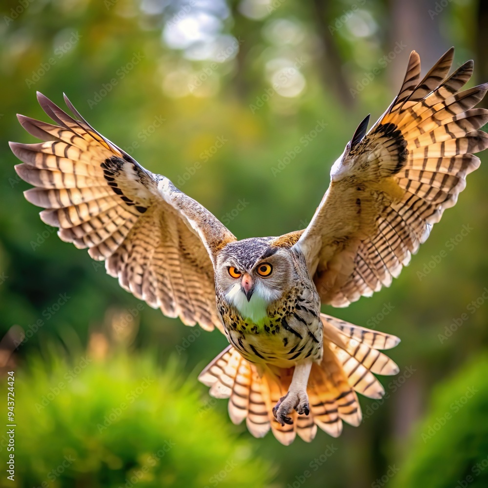 Obraz premium owl flying flapping its wings wide with blurry forest background
