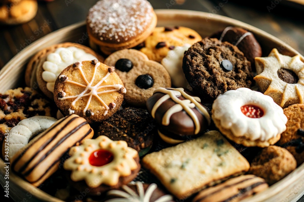 Chocolate biscuits and two cups of cappuccino Selection of sweet foods Chocolate biscuits and two cups of cappuccino Selection of sweet foods