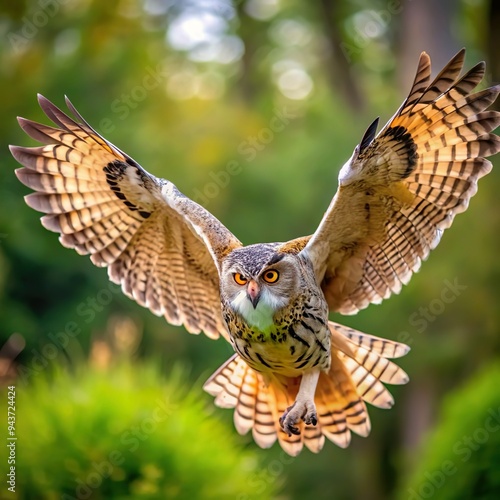 owl flying flapping its wings wide with blurry forest background