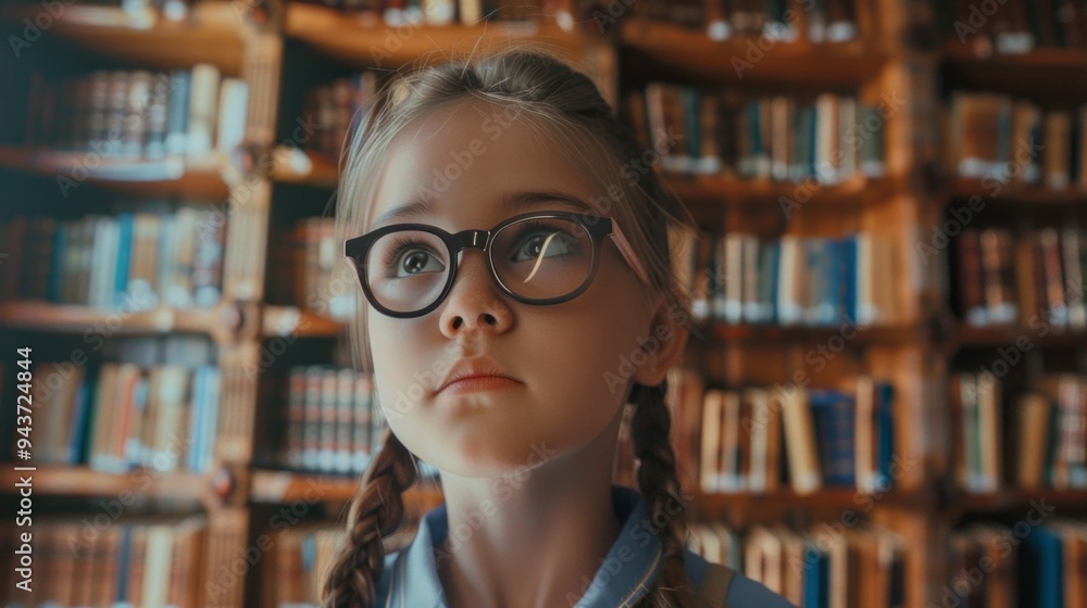 A young girl wearing glasses is looking at a bookcase full of books A young girl wearing glasses is looking at a bookcase full of books