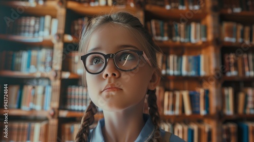 A young girl wearing glasses is looking at a bookcase full of books