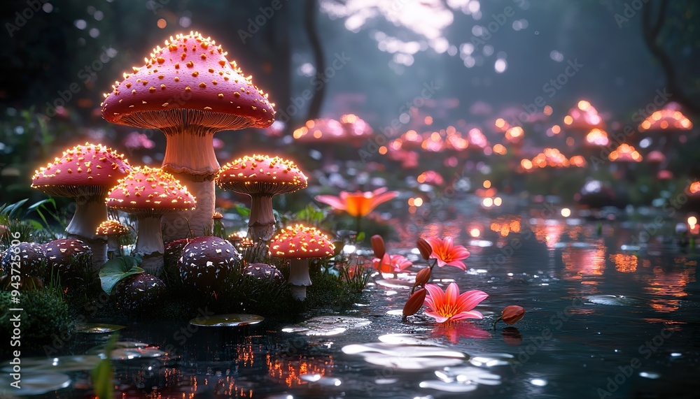 Surreal landscape showcasing a vibrant mix of whimsical mushrooms and elegant lilies, creating a captivating and magical setting. Surreal landscape showcasing a vibrant mix of whimsical mushrooms and elegant lilies, creating a captivating and magical setting.