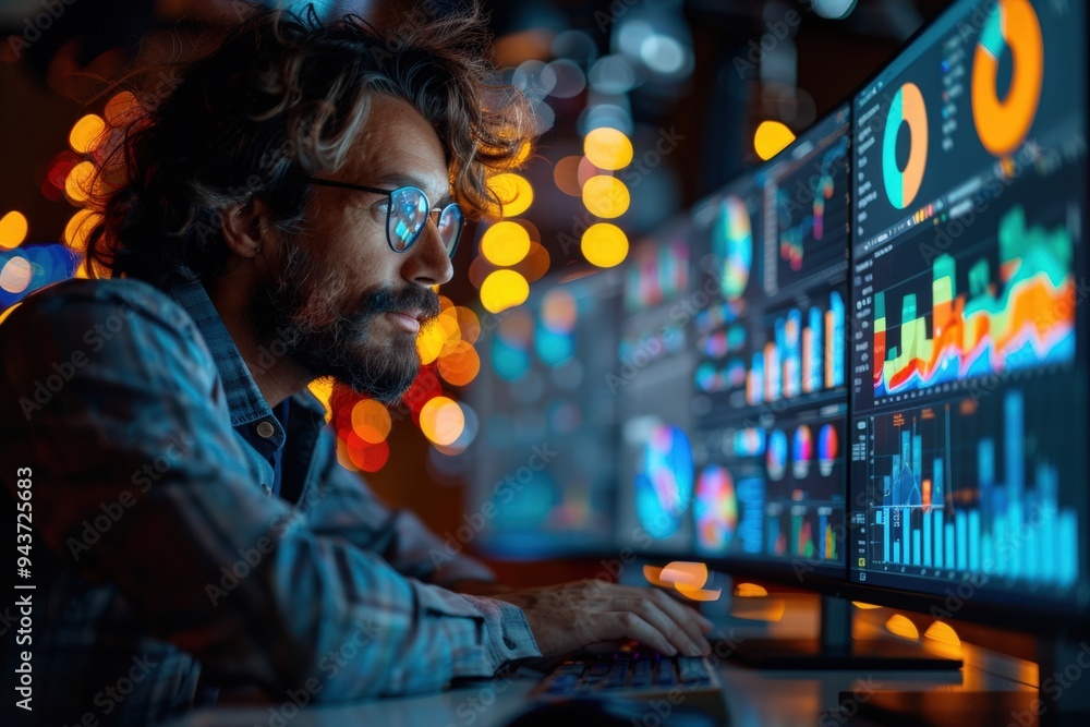 Data Analyst Working at Night in Front of Multiple Monitors Data Analyst Working at Night in Front of Multiple Monitors