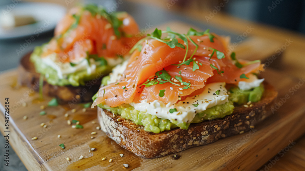 Avocado toast with smoked salmon for breakfast, homemade cuisine and traditional food, country life Avocado toast with smoked salmon for breakfast, homemade cuisine and traditional food, country life