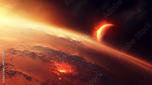 A red planet with a fiery c...