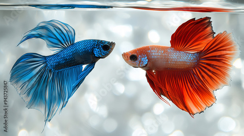 Close-up image of two betta fish, one blue and the other red, facing each other in clear water. Their flowing fins and vivid scales stand out against a softly blurred background, showcasing their eleg photo