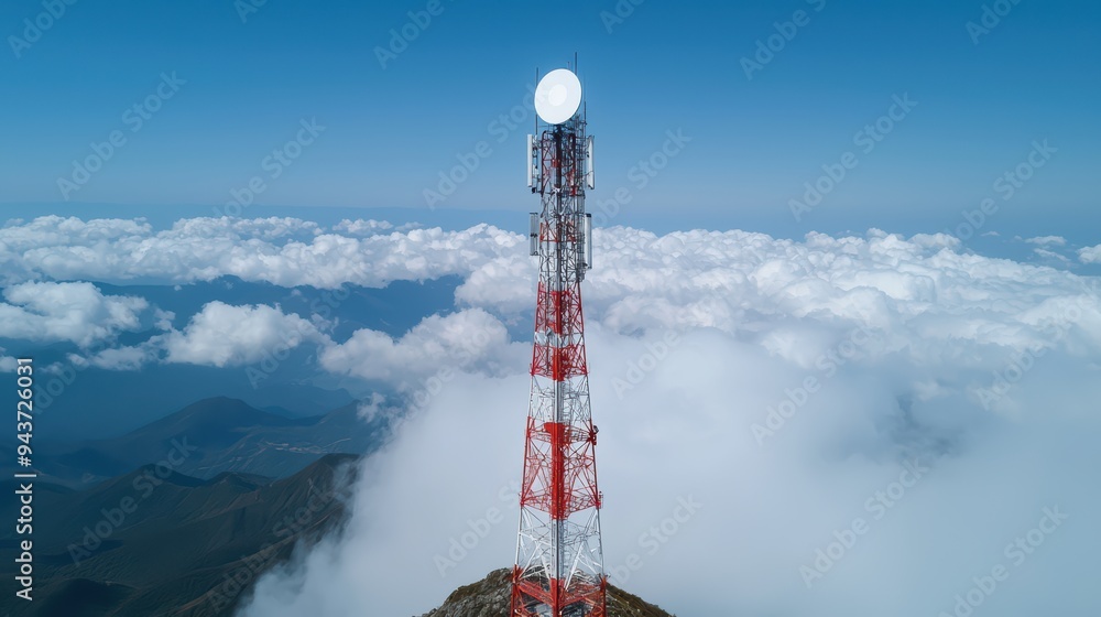 Obraz premium A tall telecommunications tower stands above clouds, symbolizing connectivity and technology. scene evokes sense of elevation and clarity. 