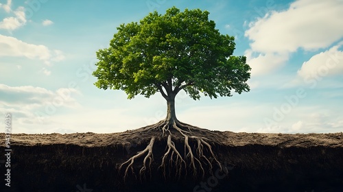Wallpaper Mural Majestic tree with deep expansive roots and wide sweeping branches symbolizing the strength stability and resilience found in nature  This minimalist conceptual image evokes a sense of growth harmony Torontodigital.ca