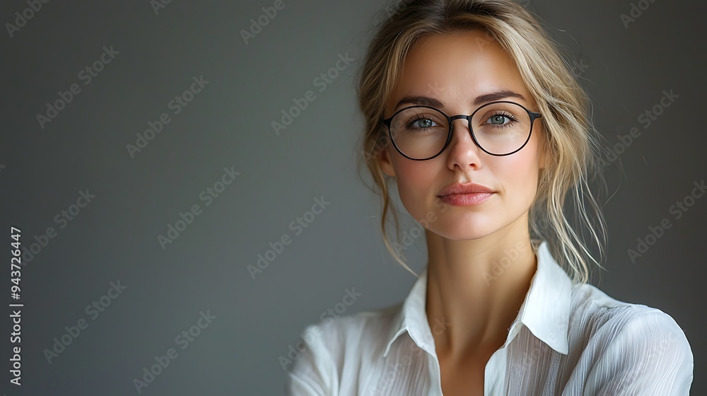 A portrait of a beautiful woman in glasses and a white shirt highlights her intelligence and sophistication. A portrait of a beautiful woman in glasses and a white shirt highlights her intelligence and sophistication.