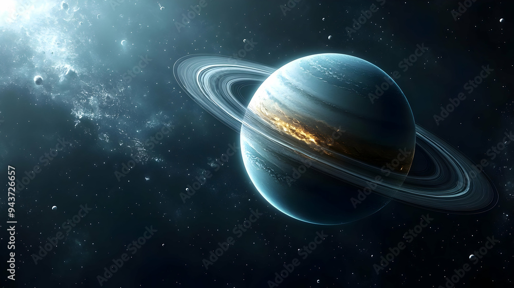 A ringed gas giant planet in a dark space with a bright star in the distance. A ringed gas giant planet in a dark space with a bright star in the distance.