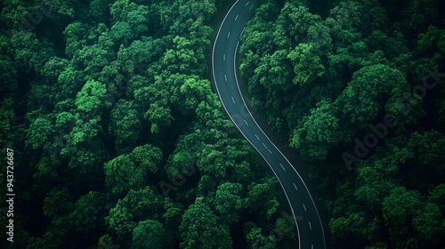 Winding Forest Road A Mysterious Journey Through Nature s Realm Symbolizing the Unknown with Ample Copy Space for Overlay photo