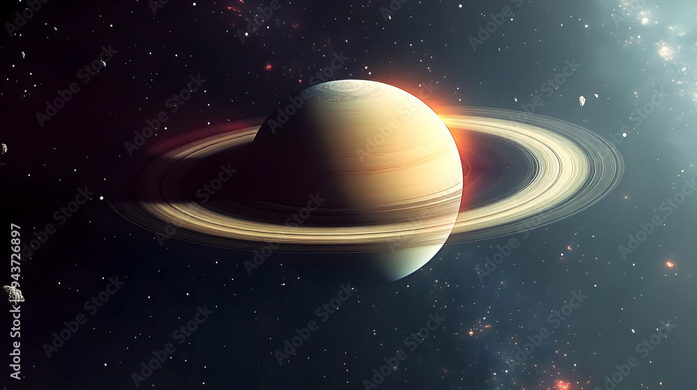 Fototapeta premium A ringed planet in a dark space with a ring of stars in the background.