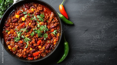 Tasty chili con carne in a frying pan on a grey background  photo