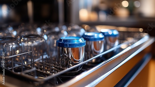 Close-up view of an open dishwasher filled with clean glassware.