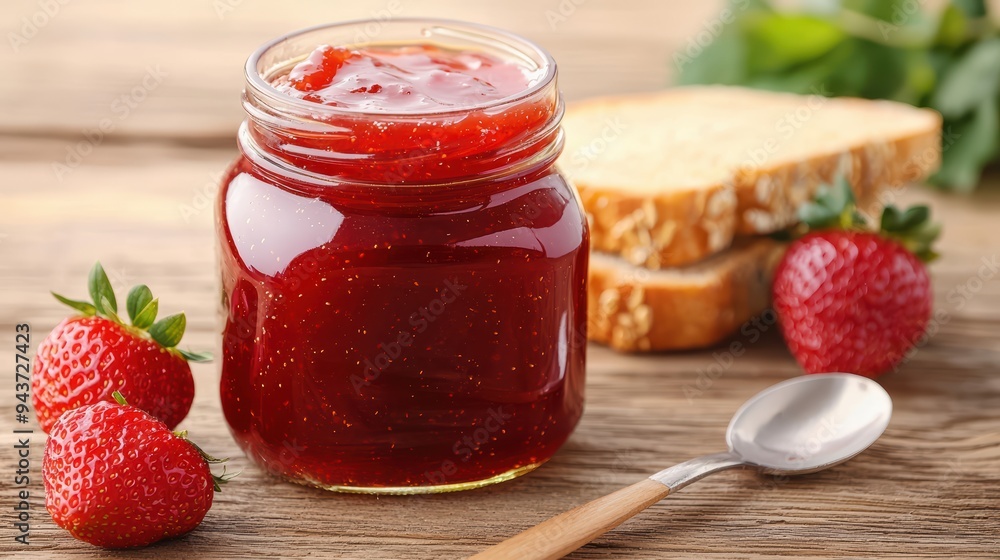 Fresh strawberry jam in jar with slices of bread and strawberries, evoking sense of deliciousness and comfort. Fresh strawberry jam in jar with slices of bread and strawberries, evoking sense of deliciousness and comfort.