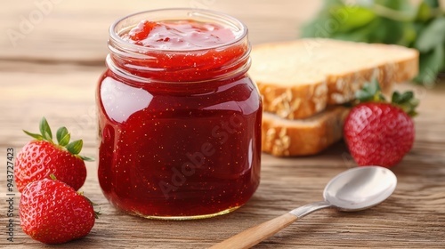 Wallpaper Mural Fresh strawberry jam in jar with slices of bread and strawberries, evoking sense of deliciousness and comfort.  Torontodigital.ca