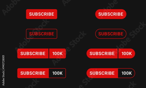 Set of red subscribe buttons. 4 of them with follower count/information – 2 corner styles included. UI/UX vector elements.