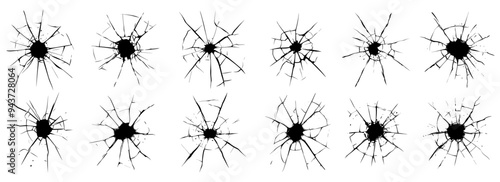 Cracked window glass with a bullet hole. broken cracked window wall.
