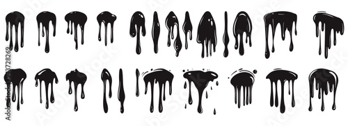 Silhouette dripping paint or black liquid melting, vector illustration set isolated on a white background. Dripping oil, cartoon style design elements collection.