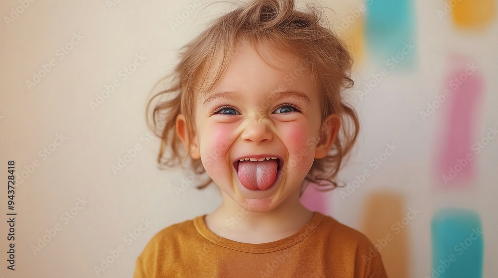 A Joyful Child Smiling and Playing Against a Colorful Background A Joyful Child Smiling and Playing Against a Colorful Background